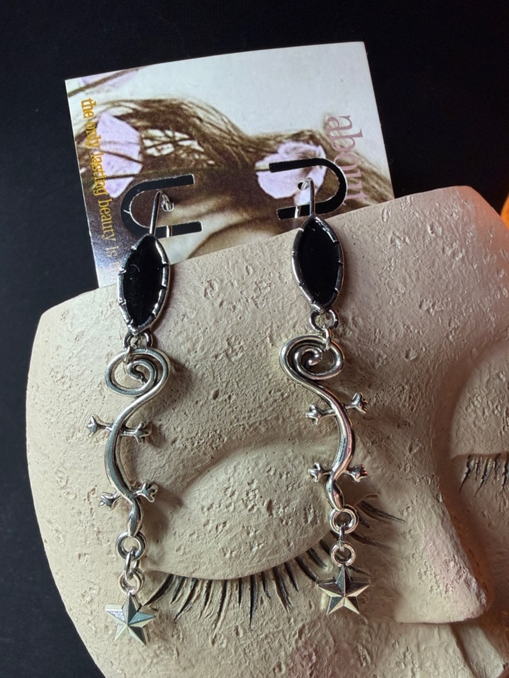 Silver Star Drop Earrings with Black accent